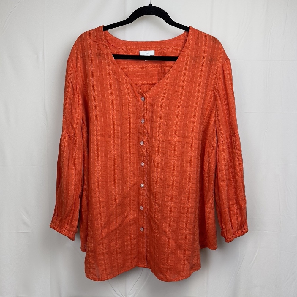 J Jill Women's 2X Orange Button Up Blouse V Neck Floral Embroidered Boho Peasant
